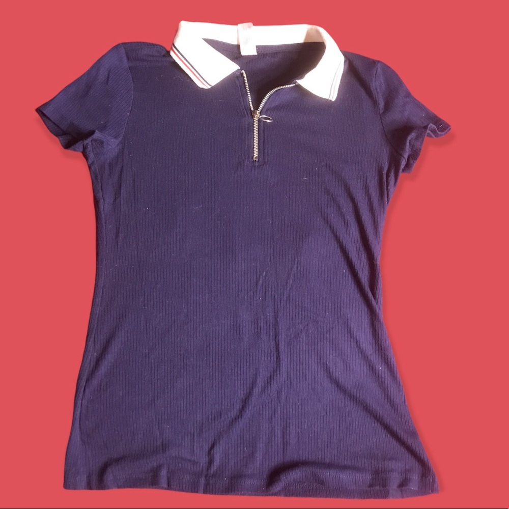 Red, white & blue fitted stretch tee with polo collar